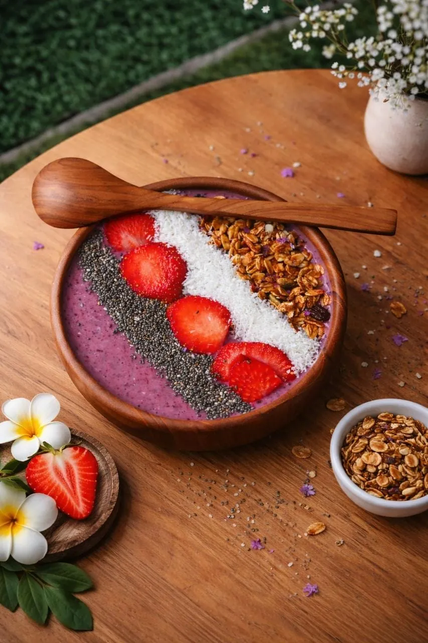 Açaí bowl with strawberries, coconut and granola in a wooden bowl