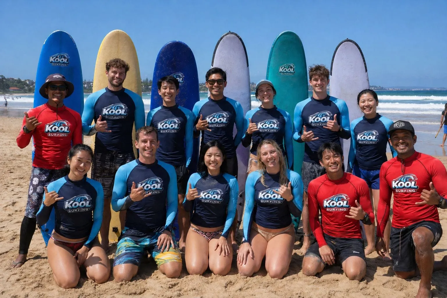 Smiling Kool Surf School students and instructors kneeling on the sand in front of surfboards
